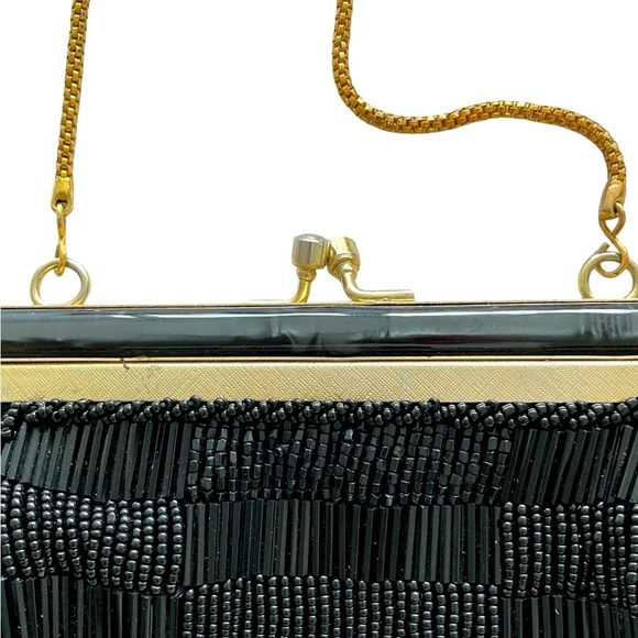 Vintage Beaded Black Purse Metal Mother Pearl Frame Gold Snake Chain Flapper - Picture 2 of 4